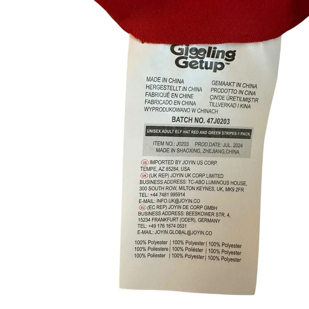 Giggling‎ Getup Elf Hat Red Green Striped Jingle Bells Adult Unisex Christmas